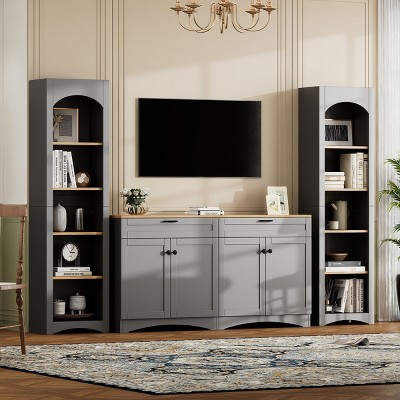 3-Piece TV Consoles Set,Farmhouse TV Console With Bookshelf,Sideboard With Adjustable Shelves,TV Console With Storage For 70" TV-Cuddlewood