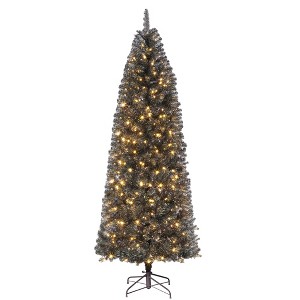 6ft/7.5 Prelit Artificial Christmas Tree with RGB & Warm White Lights, Pre-Lit Snow Flocked Pencil Christmas Tree - 1 of 4