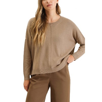 August Sky Women's Rib Lightweight Pullover Sweater, Mocha, Large