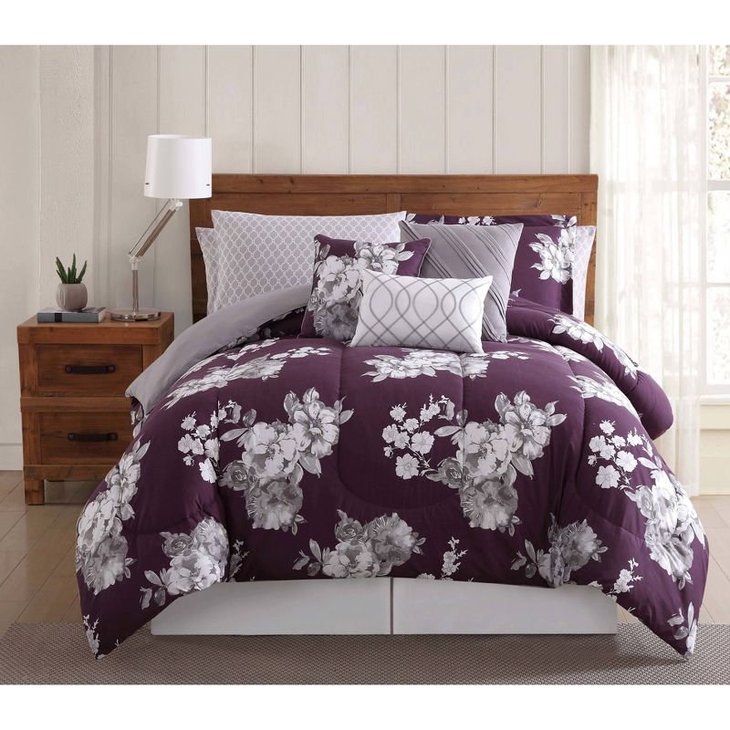 12pc King Peony Garden Floral Bed Ensemble Purple - Style 212, 1 of 5