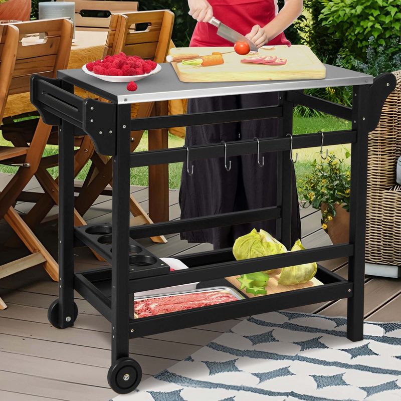 Costway Movable Outdoor Dining Cart Table with Stainless Steel Tabletop, Seasoning Tray, 5 of 11