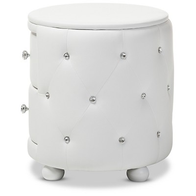 Davina Oval White Faux Leather Glamour Nightstand with Crystal Accents