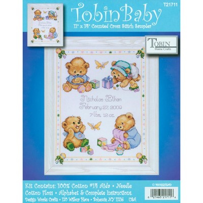 Tobin Counted Cross Stitch Kit 11"x14"-Baby Bears Birth Record (14 Count)