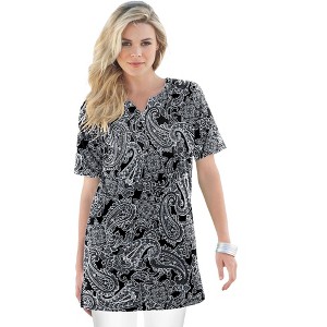 Roaman's Women's Plus Size Print Notch Neck Soft Knit Tunic - 1 of 4