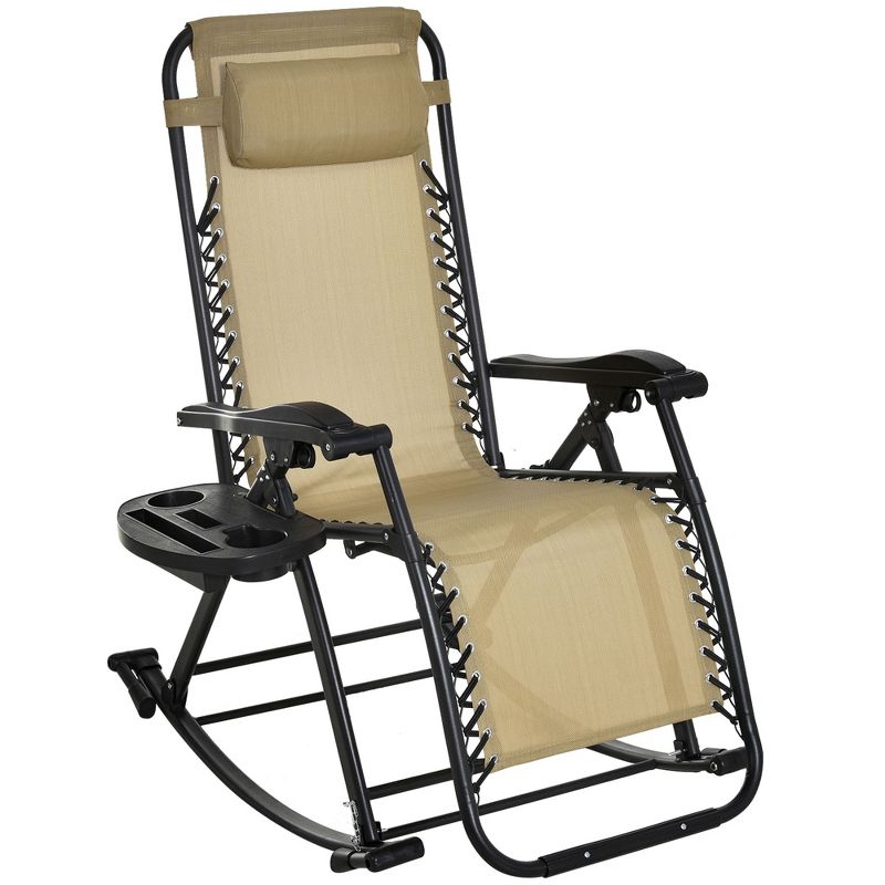Outsunny Outdoor Rocking Chairs, Foldable Reclining Zero Gravity Lounge Rocker w/ Pillow, Cup & Phone Holder, Combo Design w/ Folding Legs, Beige, 1 of 11