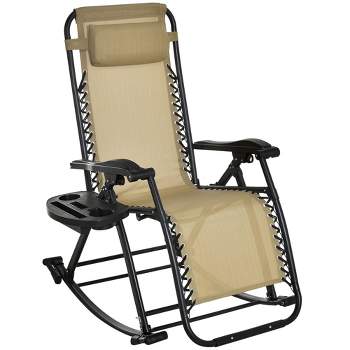 Outsunny Outdoor Rocking Chairs, Foldable Reclining Zero Gravity Lounge Rocker w/ Pillow, Cup & Phone Holder, Combo Design w/ Folding Legs, Beige