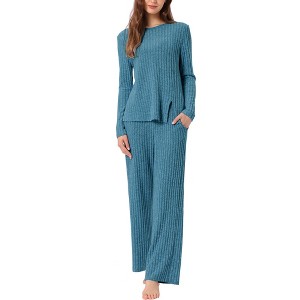 INSPIRE CHIC Women's Crewneck Split Hem Soft Long Sleeve with Pocket Knit Pajamas Set - 1 of 4