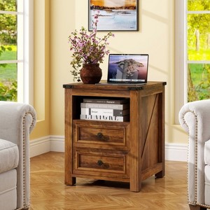 MUUEGM Farmhouse Nightstand with Charging Station, 18" Bedside Table with Drawer & Storage Cabinet, End Table for Bedroom, Living Room - 1 of 4
