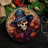 Elegant Skull with Blue Hat Stained Glass Style Ceramic Ornament, Halloween Themed Christmas Gift and Decor| OrnamentallyYou - 4 of 4