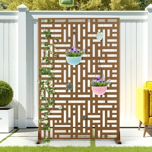 TOAOTBNBO Metal Privacy Screen with Stand, Decorative Privacy Fence Panels with Geometric Pattern, Outdoor Privacy Screen for Garden, Brown - 1 of 4