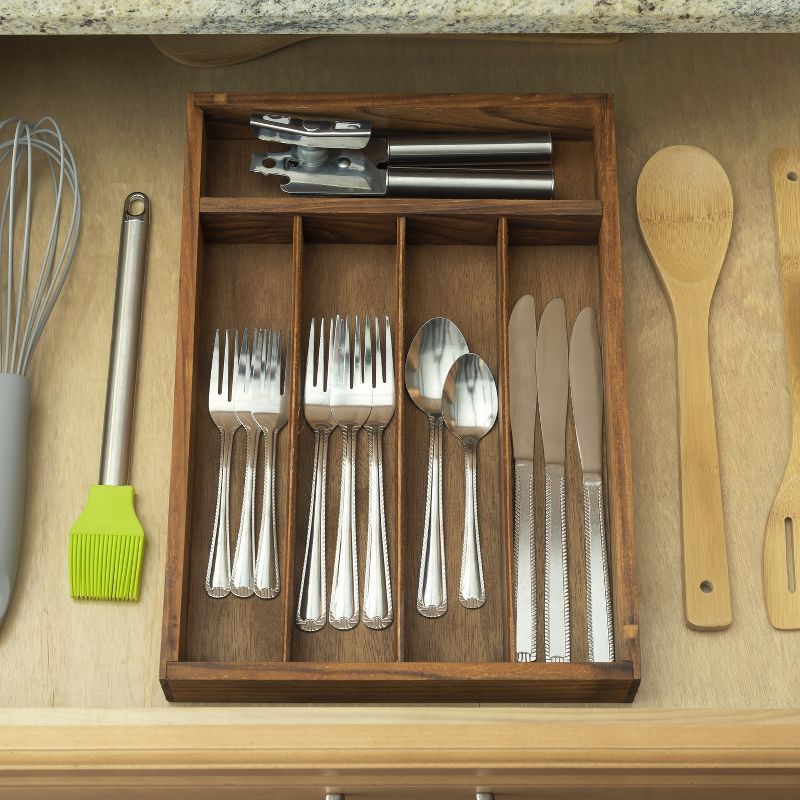 Home Basics Extra Deep 5 Divided Compartment Rustic Pine Wood Cutlery and Flatware Drawer Storage Organizer Tray, Natural, 2 of 3