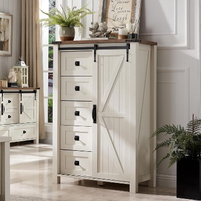 SinCiDo Farmhouse Modern 5 Drawer Tall Dresser w/Sliding Barn Door, Storage Organizer Dresser for Bedroom, Living Room & Kids Room