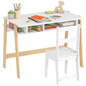 Qaba Kids Desk and Chair Set, Children Study Writing Table with Storage, Boy Girl Desk Set for Bedroom for Children Ages 3-12, White - 1 of 4