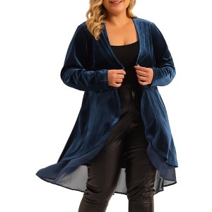 Agnes Orinda Women's Plus Size Velvet Layered Mesh Hem Open Front Long Sleeve Cardigans - 1 of 4