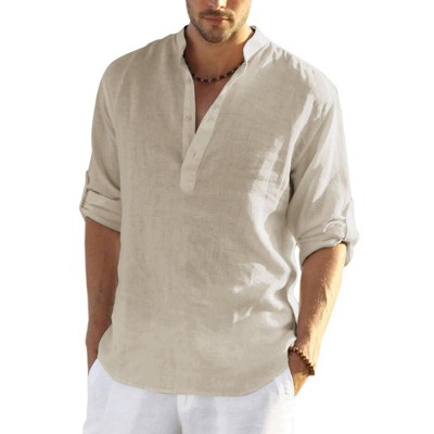 COOFANDY Men's Casual Beach Cotton Linen Henley T-Shirts Light Khaki M
