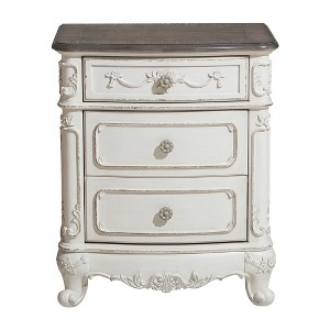 Vynxaria Cinderella Collection 3 Drawer Nightstand, 2 Tone Antique White Gray Rub Through and Oak, Victorian Style - 1 of 4