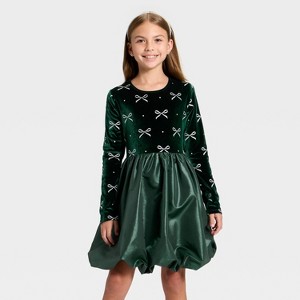 Girls' Audrey Camille Long Sleeve Taffeta Bow Bubble Dress - 1 of 3