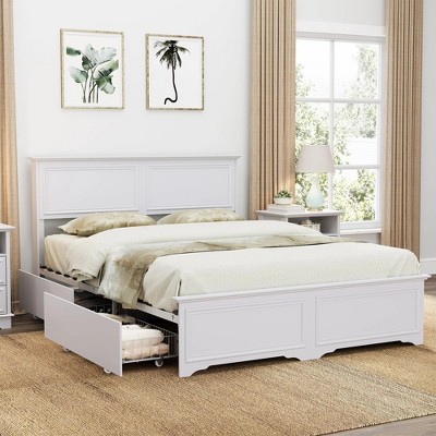 Brafabhome Mid-Century Wood Queen Bed Frames with 4 Storage Drawers, Rustic High Headboard Platform Bed Frame for Bedroom, No Box Spring Needed