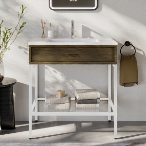 Modern Freestanding Bathroom Vanity with Resin Sink, Storage Cabinet and Open Glass Shelf, Contemporary Bathroom Cabinet Set - 1 of 4