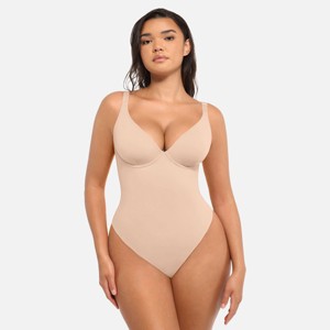 Feelingirl Women's Deep V Neck Tummy Control Thong Shapewear Bodysuit Black XS - 1 of 1