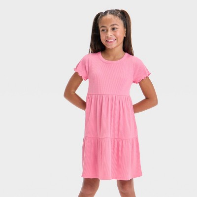 Girls' Short Sleeve Tiered Ribbed Dress - Cat & Jack™ Medium Pink M