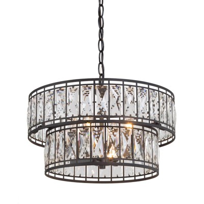 LNC Chispa 4-Light 15.5"  Modern Tiered Drum Small Chandelier, Matte Black with Facted Crystal