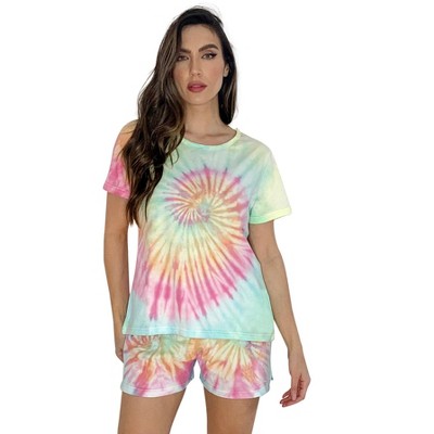 Just Love Womens Tie Dye Rainbow Shorts Set  Vibrant, Comfy Short Sleeve Sleepwear