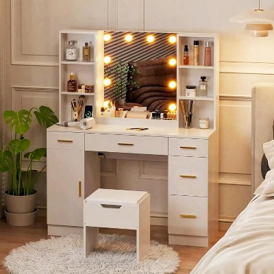 Vanity Desk with Mirror, 5 Metal Sliding Drawers,6 Open Shelves, Large Storage Dressing Table Set for Bedroom Corner