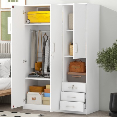 TIRAMISUBEST 3-Door Bedroom Wararobe Closet with 3 Drawers and Hanging Rod, Modern Armoire Clothing Organizer with Storage Shelves
