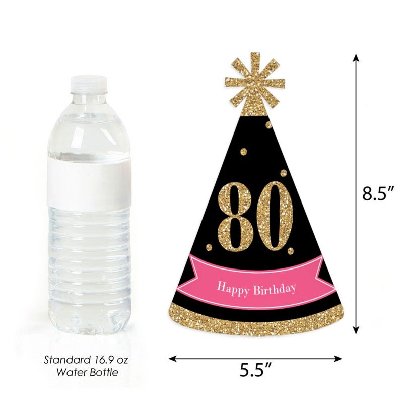 Big Dot of Happiness Chic 80th Birthday - Pink, Black and Gold - Cone Happy Birthday Party Hats for Adults - Set of 8 (Standard Size), 3 of 8