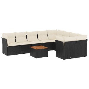 vidaXL 10 Piece Patio Sofa Set with Cushions Black Poly Rattan - Black and Cream Table + 4x Corner + 5x Middle - 1 of 4