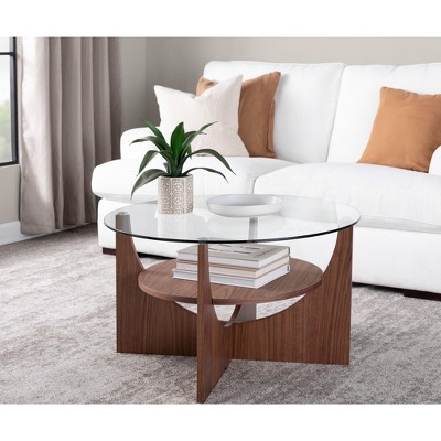 PAGED Modern U-Shaped 2-Tier Wooden Round Coffee Table with Clear Glass Top,Minimalist Design Tea Table Center Table for Living Room,Bedroom