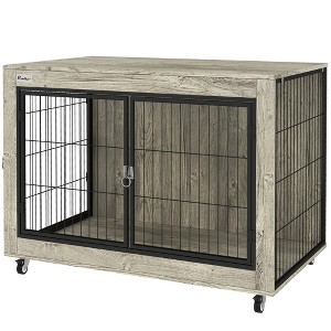 Skyzone 39" Large Dog Crate Furniture with Wheels & Interchangeable Door, Stylish Gray End Table for - 1 of 4
