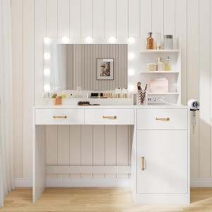 GustoWave Vanity Desk with Mirror and Lights, White Makeup Table 3 Large Drawers, Wooden Bedroom Dressing Table for Women Girls - 1 of 4