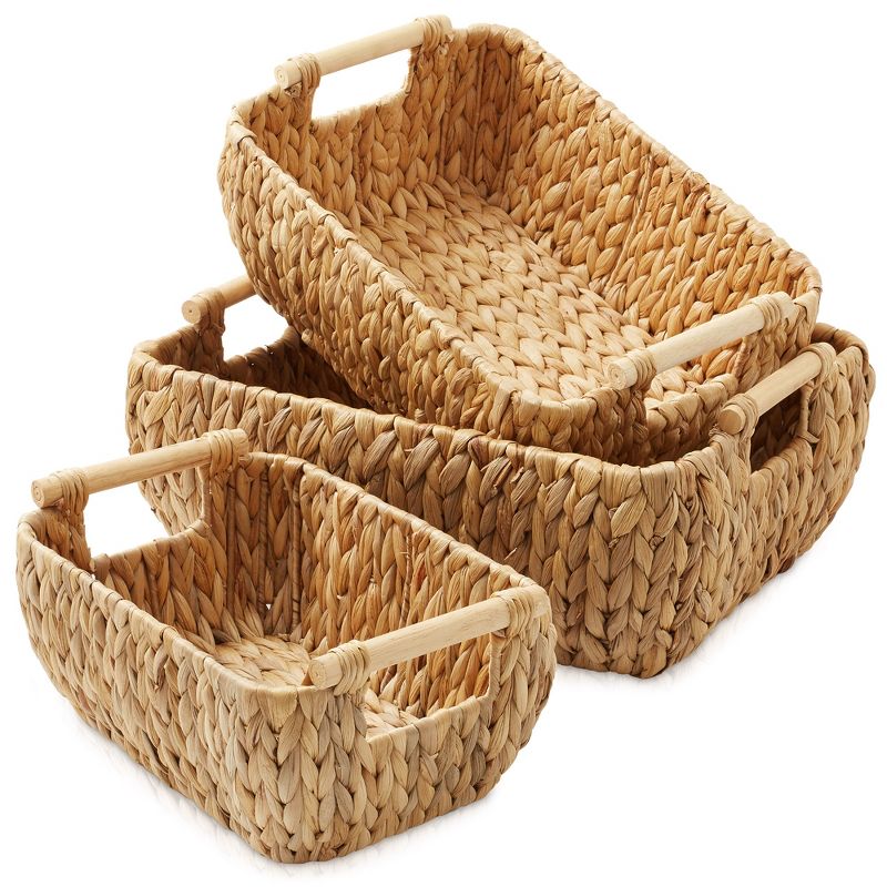 Casafield Water Hyacinth Oval Storage Basket Sets with Wooden Handles, Woven Nesting Bin Organizers, 1 of 7