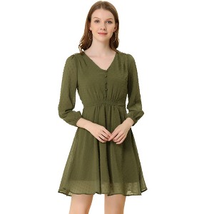 Allegra K Women's Swiss Dots Elastic Waist 3/4 Sleeve A-line Solid Flowy Chiffon Dress - 1 of 4