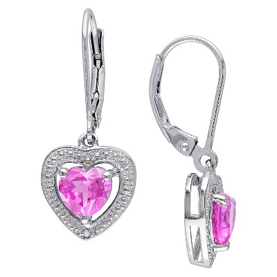 2 CT. T.W. Heart Shaped Pink Sapphire and .01 CT. T.W. Diamond Leverback Drop Earrings in Sterling Silver (I3)