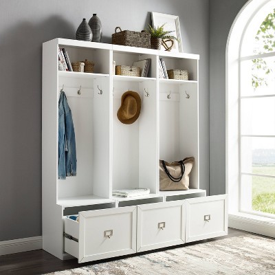 White Hall Tree with Storage Drawers and Hooks