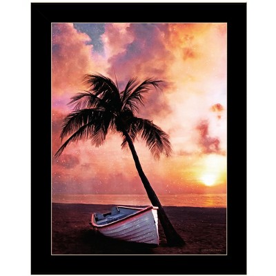 HomeRoots Palm Tree Sunset Black Framed Print Wall Art