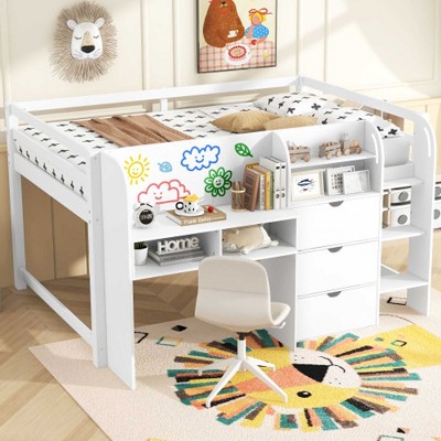 Loft bed with whiteboard and storage shelves