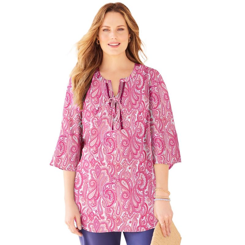 Catherines Women's Plus Size Liz&Me® Lace-Up Bell Sleeve Peasant Blouse, 1 of 2