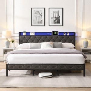 KTMBDW Full/Queen/King Size Bed Frame with Storage Headboard, Charging Station, Upholstered Platform Bed with Heavy Metal Slats, No Box Spring Needed - 1 of 4