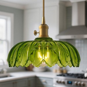 YANSUN Traditional Petal Pendant Light, Single E26 Bulb, Green Glass, Copper Electroplated, Island Lighting - 1 of 4