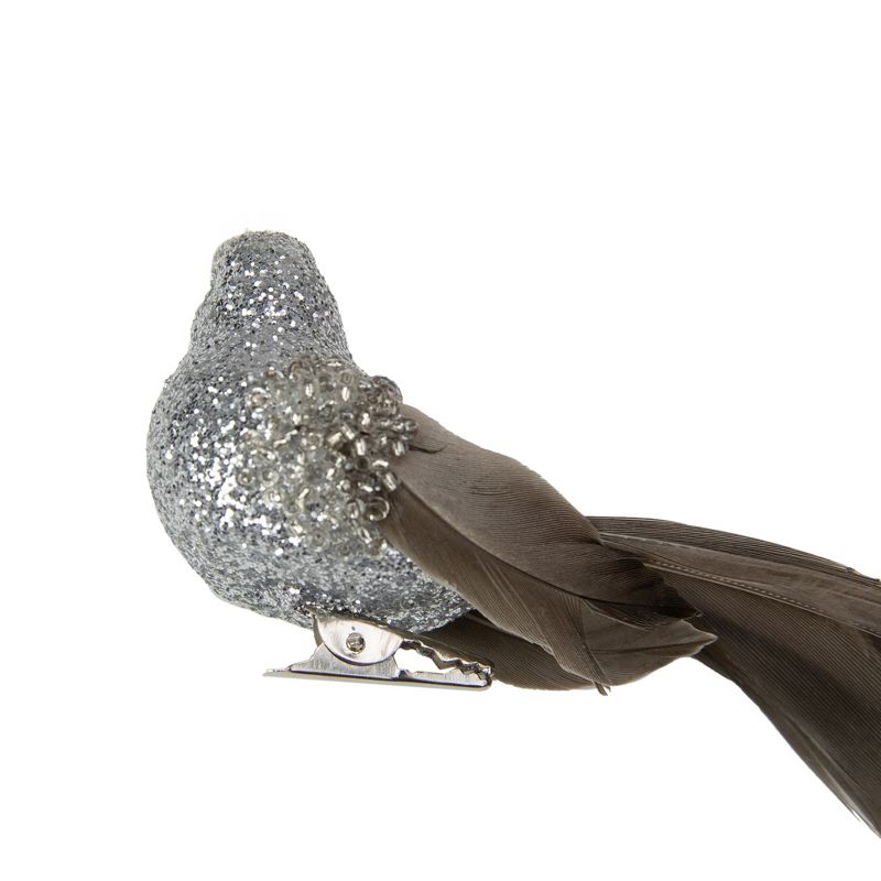 Northlight 6.75" Silver Glittered Bird with Feather Tail Clip On Christmas Ornament, 5 of 7