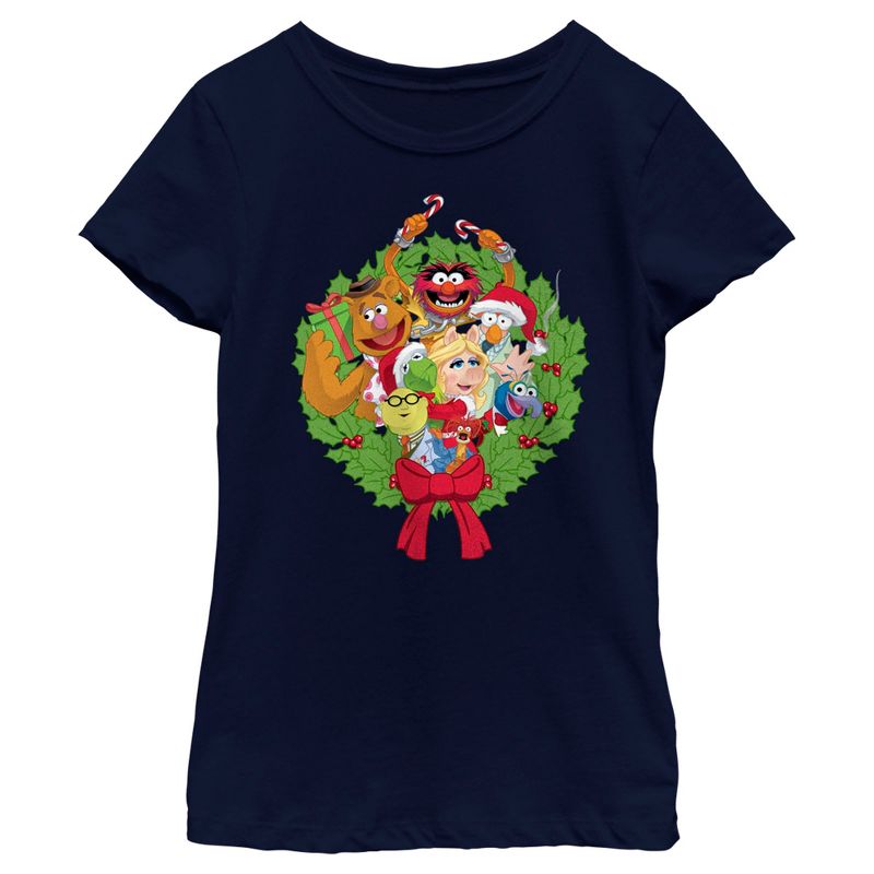 Girl's The Muppets Christmas Wreath Group Shot T-Shirt, 1 of 6