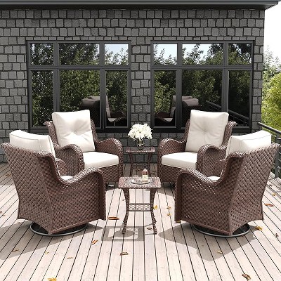 LayinSun Outdoor Patio Furniture Set, Brown Rattan Wicker Sectional Swivel Rocker Chairs Sets with Ottomans, Swivel Glider Chair