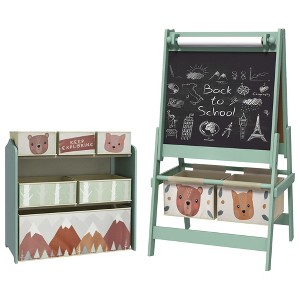 Qaba Kids Toy Organizer and Kids Easel Set with 6 Storage Bins, Paper Roll, Blackboard, Whiteboard, Cute Bear Design, for Ages 3-8 Years, Green - 1 of 4