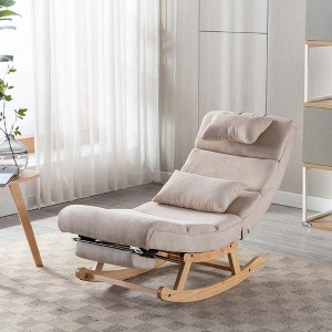 Solid Wood Ergonomic Beige Rocking Chair, PU Accent Chair with Retractable Footrest - Maison Boucle - 1 of 4