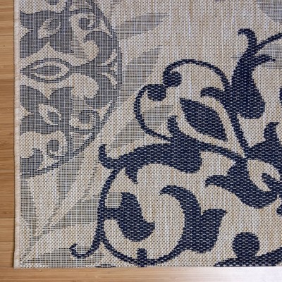 Grain and Navy Synthetic Medallion Outdoor Rug, 8'6" x 13'1"