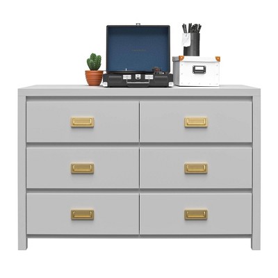 Dove Gray 6-Drawer Campaign Style Dresser with Gold Pulls